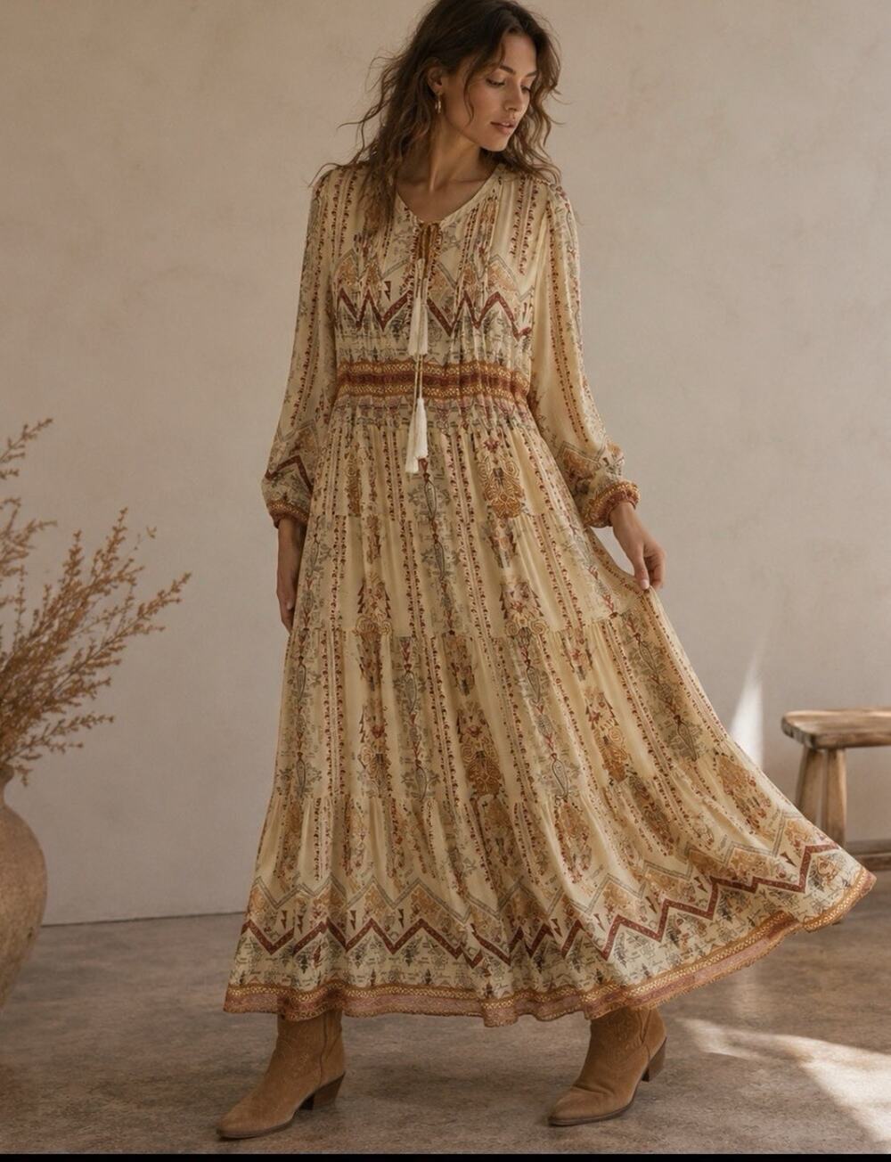 Sundance Silk Maxi Dress Sz 14 Boho Peasant Sthwstrn Print Print LS Tiered Lined